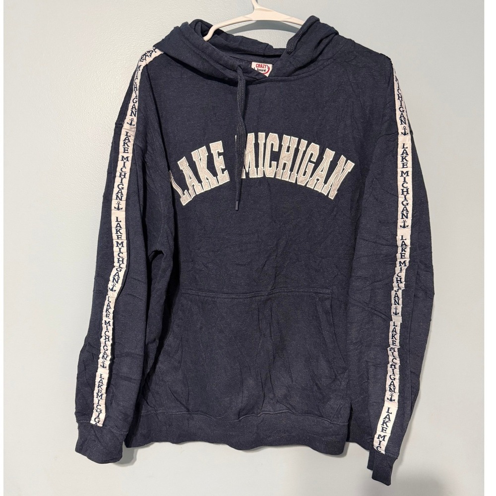 Crazy Apparel Men's L Lake‎ Michigan Hoodie Navy Blue Nautical Sleeve Tape 0950